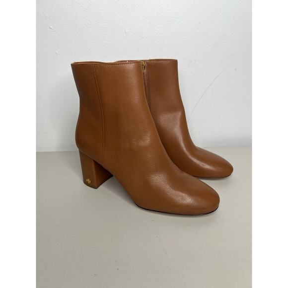 New Tory Burch Brooke Logo Heel Ankle Boots Brown Leather Size 9 & 9.5 - Picture 1 of 13